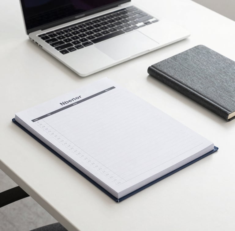 A clean, modern office desk with a structured planner, a sleek laptop, and a slate-gray notebook in bright, neutral daylight.