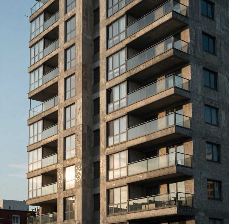 Vista lateral de un edificio residencial de hormigón y vidrio con líneas arquitectónicas limpias, luz natural de alto contraste de tarde, sombras marcadas.
