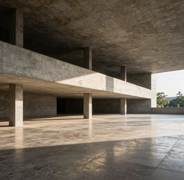 Wide panoramic architectural shot of a brutalist concrete pavilion, sharp geometric shadows, warm natural sunlight reflecting on a polished limestone floor, negative space on the right