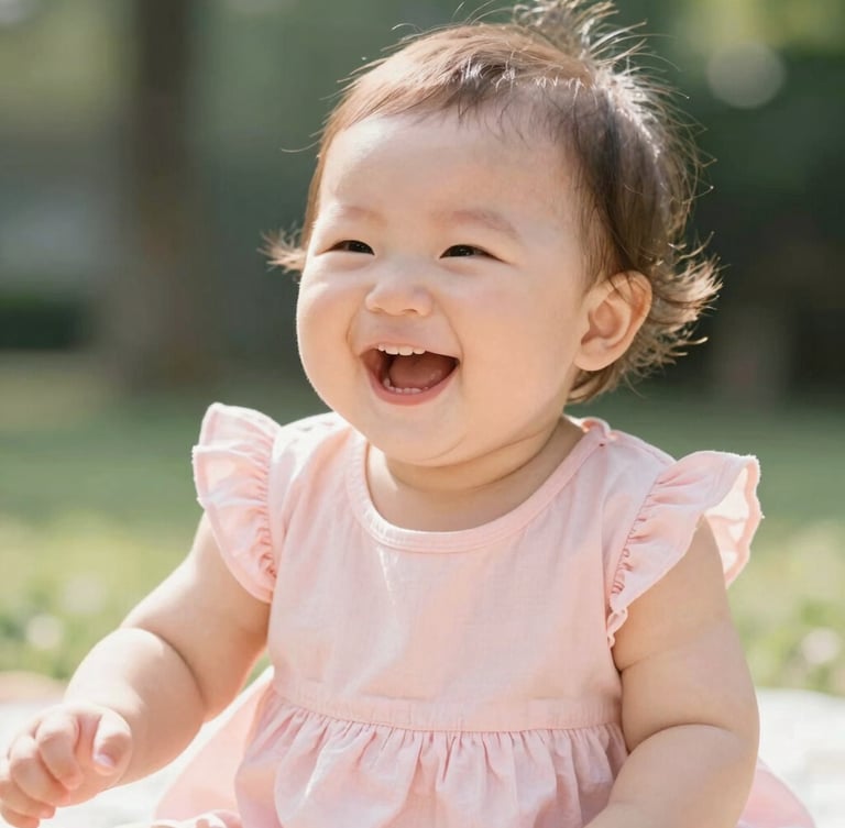 Candid shot of a happy baby girl laughing in a soft pastel pink dress, bright natural daylight, warm playful mood, 35mm