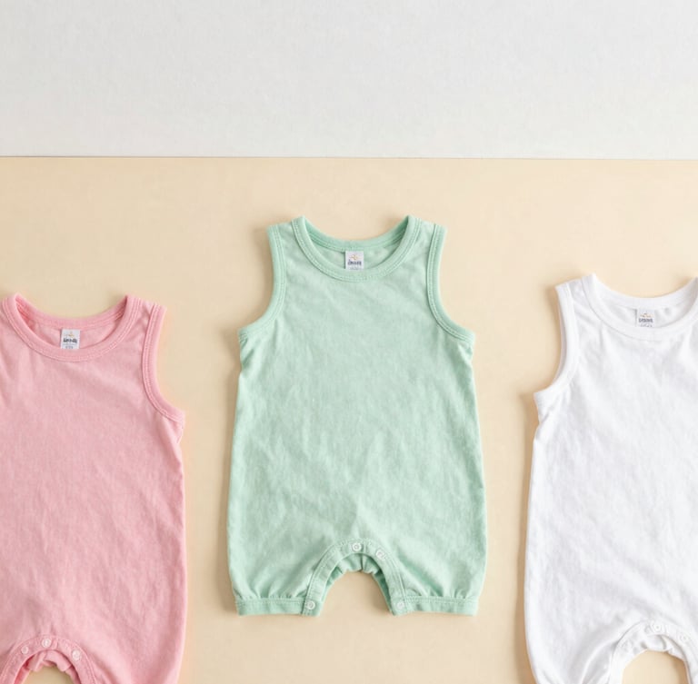 Flat-lay of colorful organic cotton baby rompers on a warm pastel background, soft natural daylight, clean overhead framing, 35mm