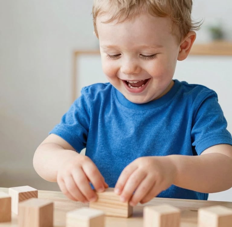 Candid shot of a toddler laughing while playing with wooden blocks, wearing a royal blue cotton t-shirt, bright natural light, warm playful mood, 35mm