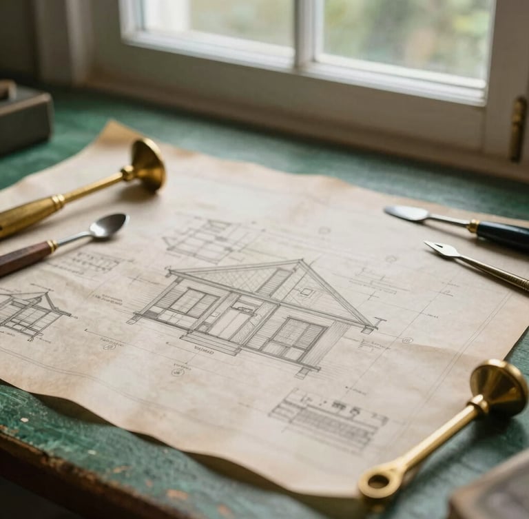 Overhead flatlay of vintage brass tools and architectural blueprint drawings on warm parchment paper, soft morning window light, rich forest green details, 35mm photography