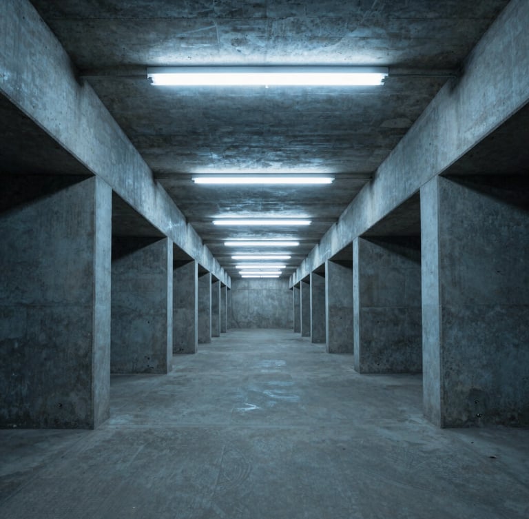 Symmetrical wide-angle shot of a brutalist concrete government corridor, cold blue fluorescent lighting, deep shadows, stark architectural perspective, 35mm