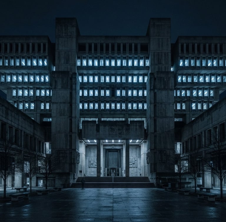 Wide symmetrical shot of a brutalist concrete government building exterior, cold blue fluorescent lighting, deep shadows, wide-angle, 35mm