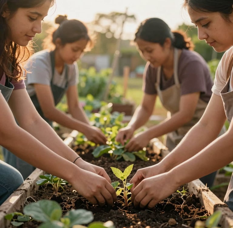 Hands of diverse women working together in a community garden, soft golden hour sunlight, warm editorial photography, 35mm