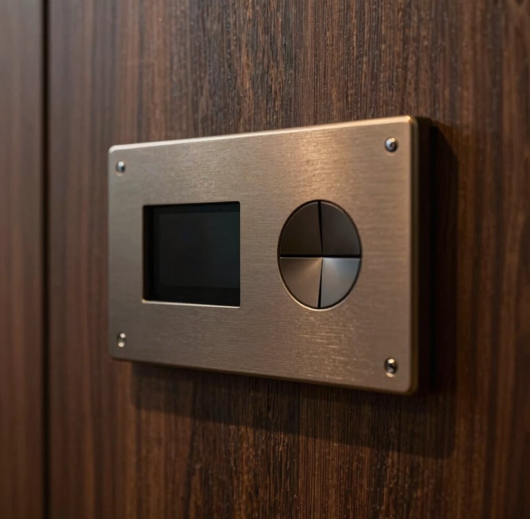 Extreme close-up of a premium metal control panel for smart home, subtly integrated into a dark wood wall, showing fine texture and precision engineering, warm ambient architectural lighting, deep shadows