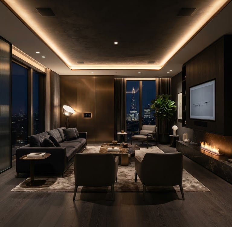 Wide shot of a minimalist luxury living room in a London residence, warm ambient lighting, hidden speakers integrated into ceiling, discreet control panel on a polished bronze wall, deep shadows, Hasselblad medium format.