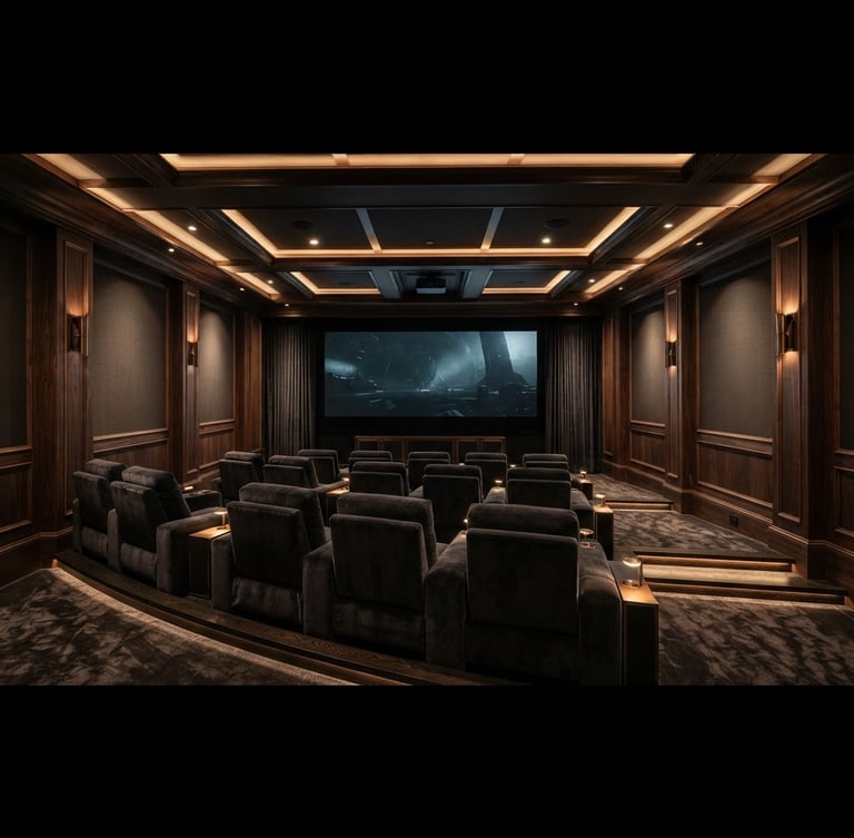 Wide panoramic luxury home cinema, plush dark velvet seating, large projection screen, warm recessed architectural lighting, dark wood paneling, deep shadows, rich bronze and charcoal tones, Hasselblad medium format.