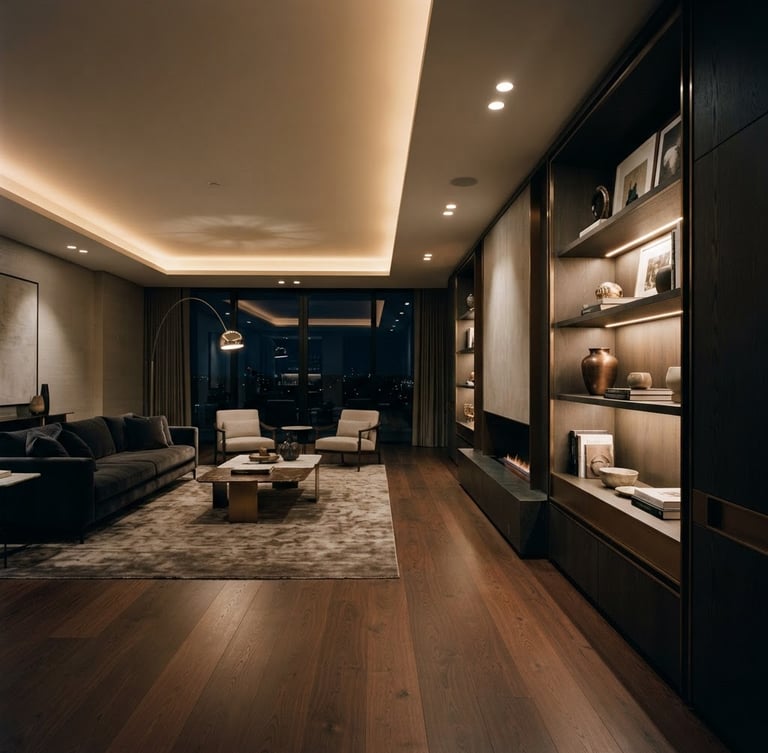 Wide shot of a minimalist luxury living room, integrated smart lighting system subtly illuminating bespoke joinery, warm ambient architectural lighting, deep shadows, rich bronze and charcoal tones, Hasselblad medium format. Image on the right, bleeding to the edge.