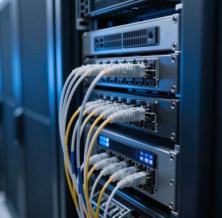 Macro shot of high-density server racks in a Mumbai data center, cool-toned blue ambient screen glow, sharp focus on fiber optic connections, 35mm lens.