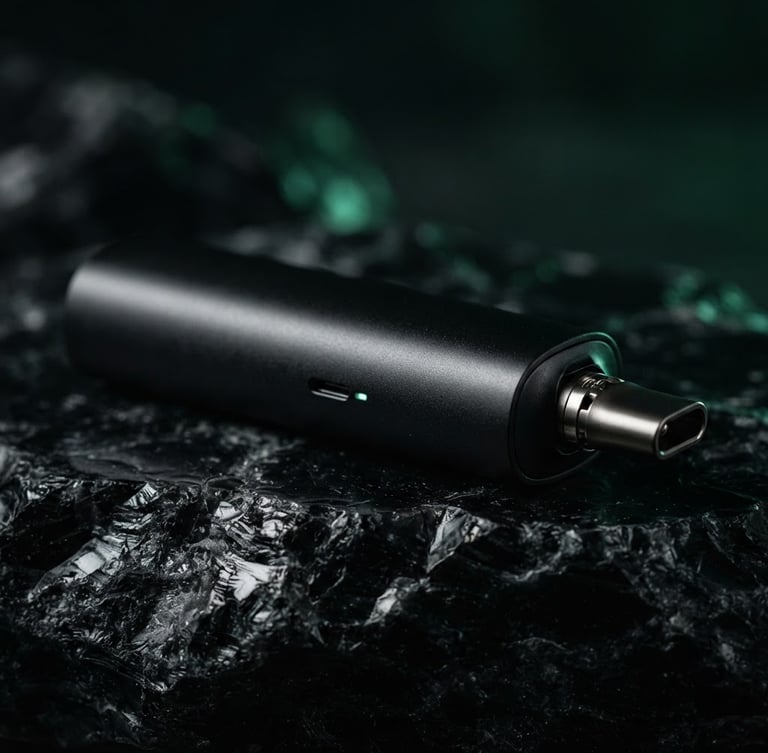 Macro photography of a sleek matte-black vaporizer resting on a dark obsidian stone surface, dramatic side-lighting, subtle emerald green ambient glow, shallow depth of field, premium luxury feel