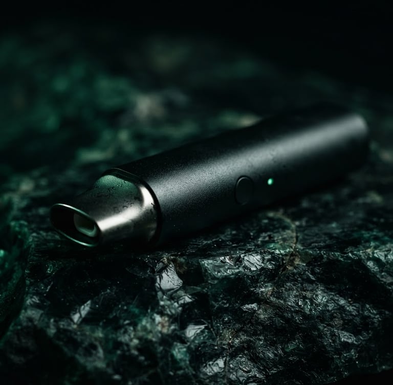 Macro photograph of a sleek matte-black vaporizer resting on a dark obsidian stone surface, emerald green ambient glow, dramatic low-key side-lighting, shallow depth of field