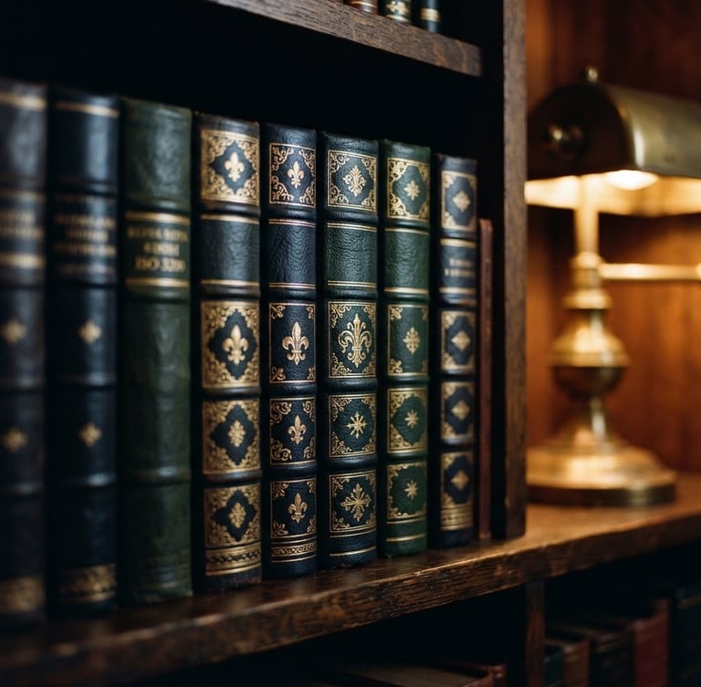 A close-up of premium leather-bound book spines with gold foil embossing on a dark wooden shelf, warm low-key lighting from a brass library lamp, shallow depth of field, 35mm