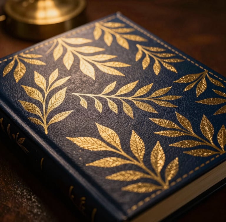 Macro photograph of a heavy book cover with intricate gold foil leaf patterns on deep navy leather, warm low-key side lighting highlighting the texture of the paper, 35mm