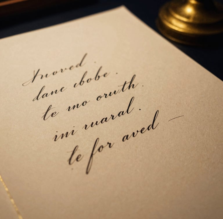 Macro photograph of thick, textured cream paper with elegant black ink calligraphy, warm low-key lighting, gold foil details on the margin.