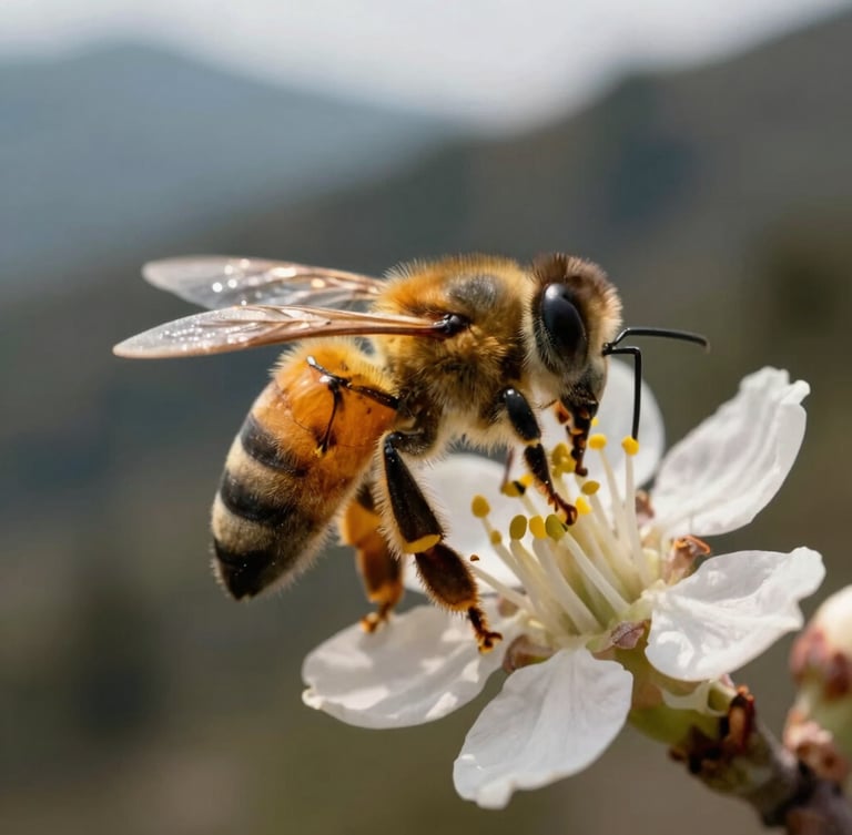 Macro close-up of an Apis cerana cerana bee foraging on a wild Himalayan blossom, soft diffused mountain daylight, shallow depth of field, rich amber and deep forest tones