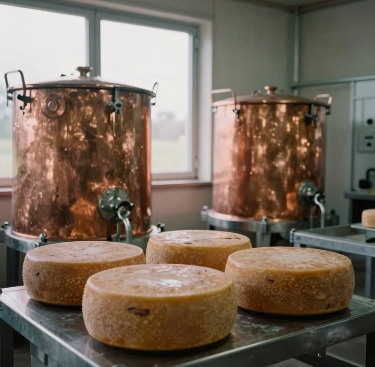 Medium format environmental documentary photograph of a modern stainless steel cheese-making room in France, soft natural overcast daylight filtering through a window, copper vats, rich earthy tones.