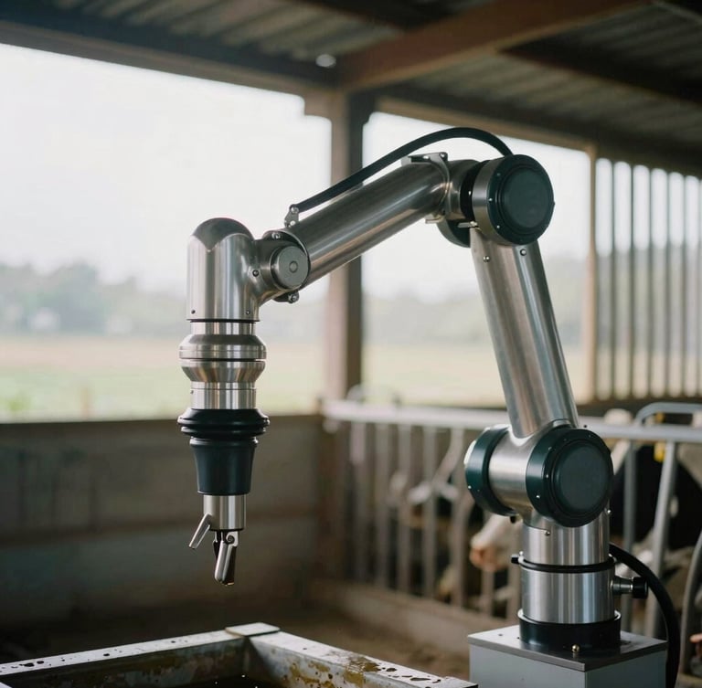Close-up of a modern robotic milking arm with clean stainless steel components, soft natural morning light filtering through barn slats, editorial documentary style