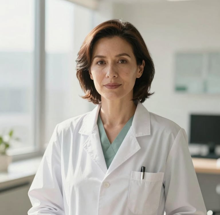 Editorial portrait of a confident female physician, 40s, in a modern clinic setting, bright natural daylight, soft ivory and muted sage tones, shallow depth of field
