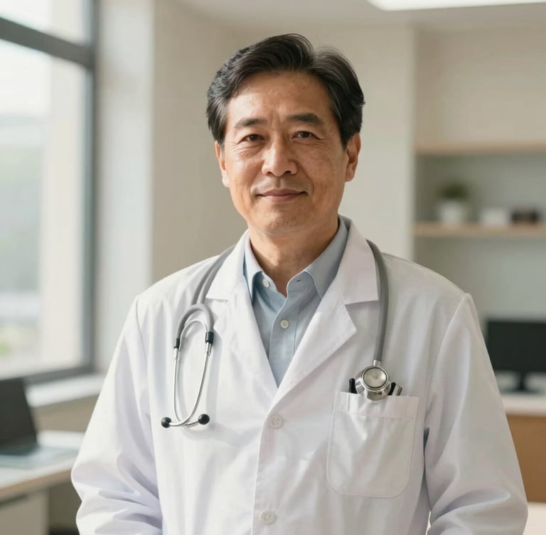 Editorial portrait of a confident male physician, 50s, in a modern clinic setting, bright natural daylight, soft ivory and muted sage tones, shallow depth of field