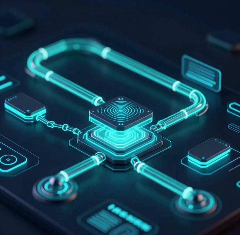 Macro close-up of a high-fidelity dark mode UI/UX dashboard, glowing cyan data pipelines, sleek floating device mockups, cyberpunk studio lighting, octane render