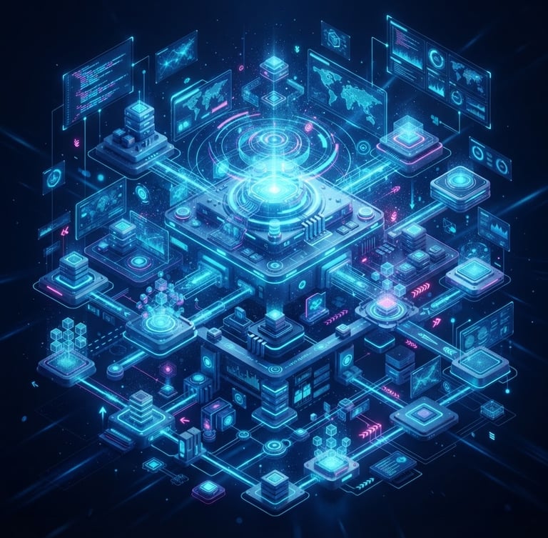 Isometric view of software architecture, glowing holographic UI elements, deep midnight blue background, electric cyan accents, octane render