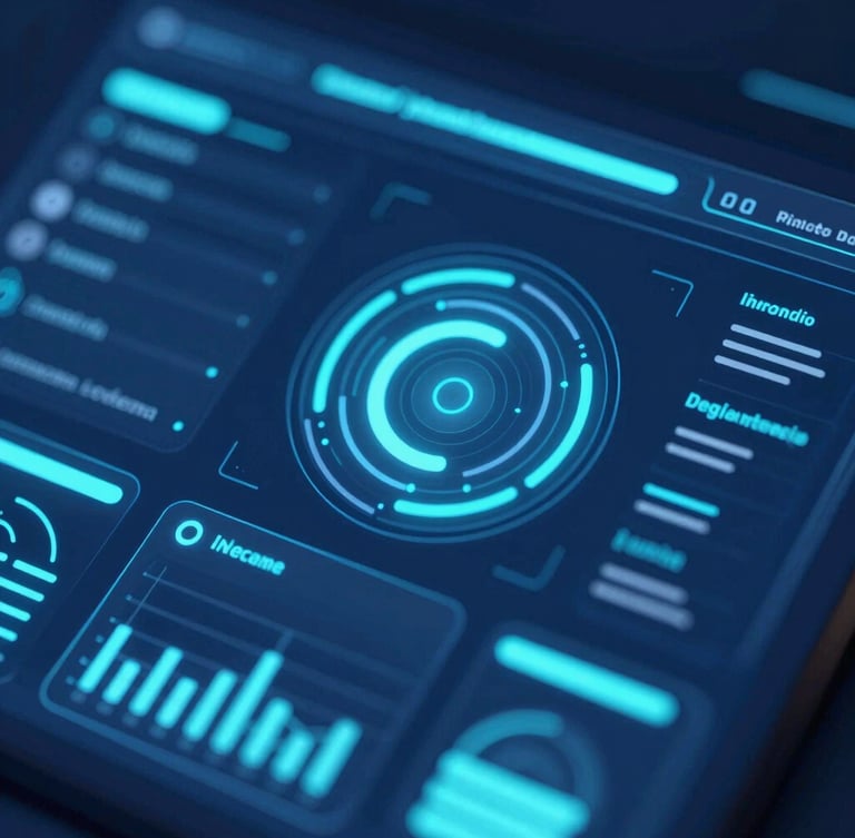 Macro close-up of a high-fidelity UI/UX dashboard with glowing holographic elements, deep midnight blue background, electric cyan accents, octane render