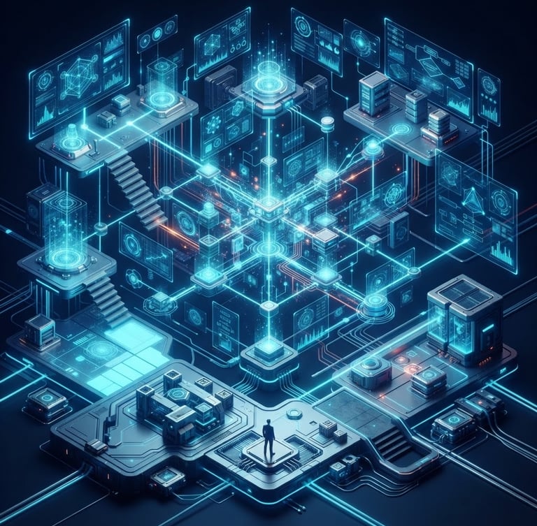 Sleek physical-digital hybrid environment with glowing holographic UI elements, isometric view of software architecture, deep midnight blue background, electric cyan accents, octane render