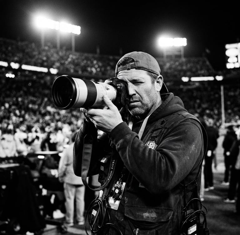 Close-up high-contrast black and white portrait of a sports photographer holding a professional camera, dramatic stadium floodlights in the background, deep shadows, 35mm