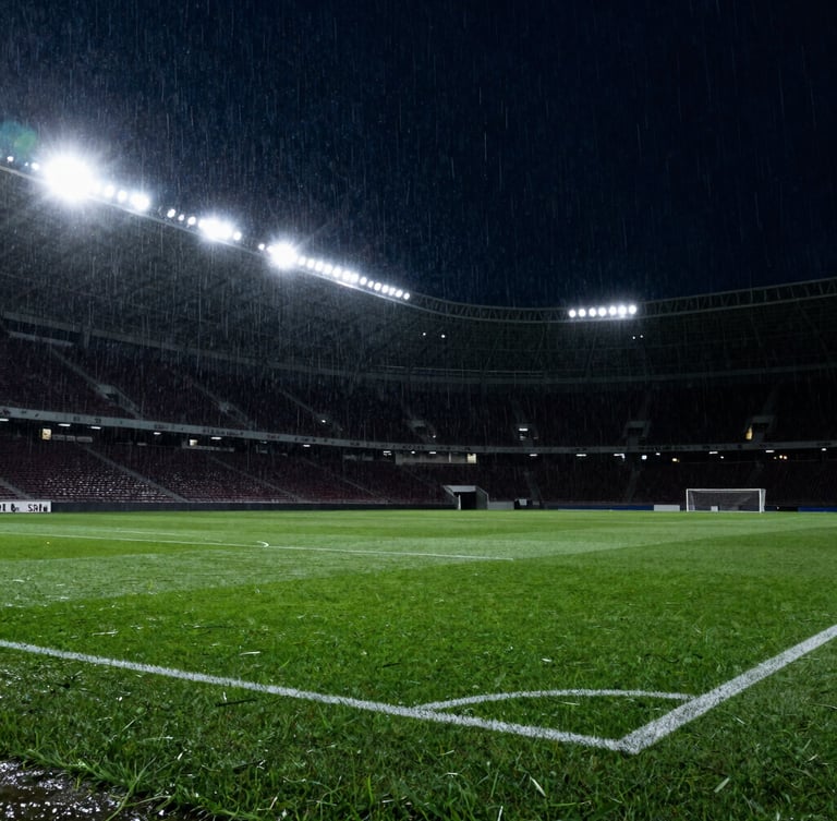 Low-angle high-contrast shot of a rain-slicked football pitch under intense stadium floodlights, dramatic glare, dark navy sky, 35mm
