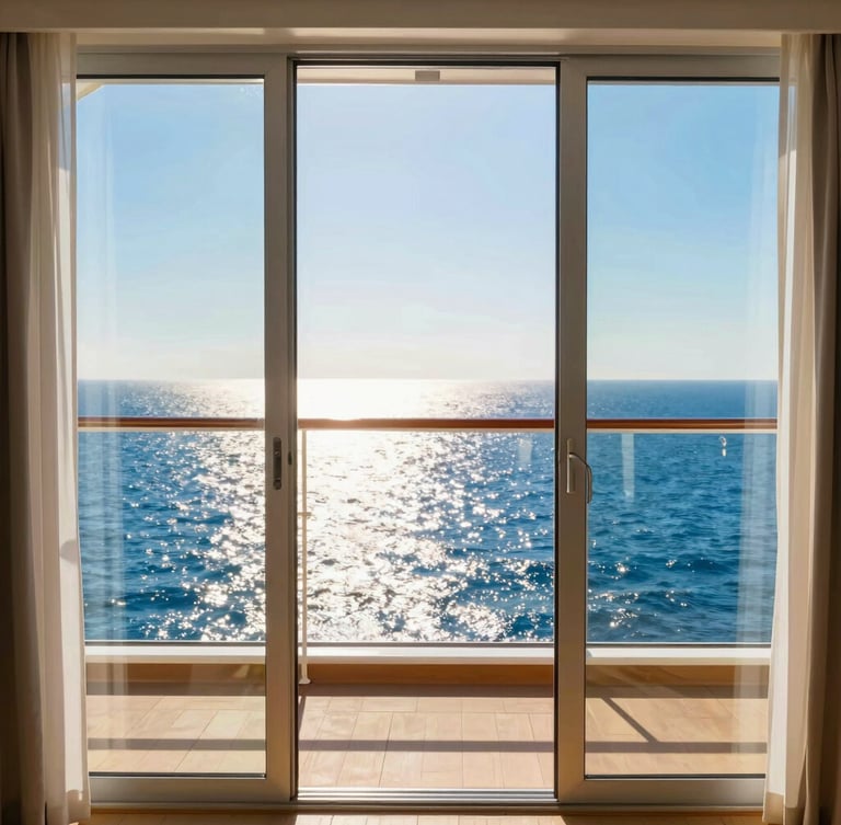 Bright, sun-drenched portrait of a modern cruise ship balcony suite, looking out through glass doors to the sparkling blue Mediterranean sea, natural morning light.