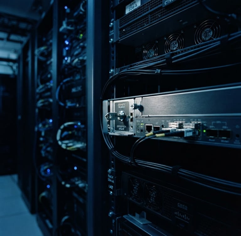 Cool-toned corporate server room with low-key dramatic studio lighting, deep blues and slate grays, sharp focus on a secure hardware interface, 35mm