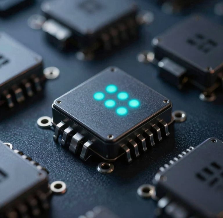 Macro shot of secure hardware interface with glowing cyan status indicators, cool-toned low-key studio lighting, sharp focus, 35mm