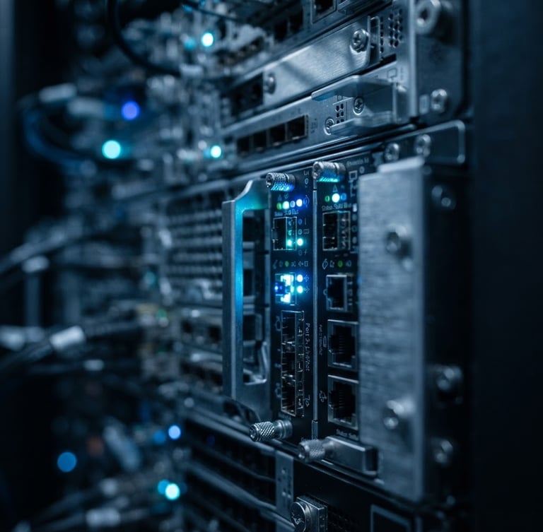 Cool-toned macro photograph of high-end server rack interfaces, blinking blue and cyan LED indicator lights, pristine metallic hardware textures, shallow depth of field, dramatic low-key studio lighting.
