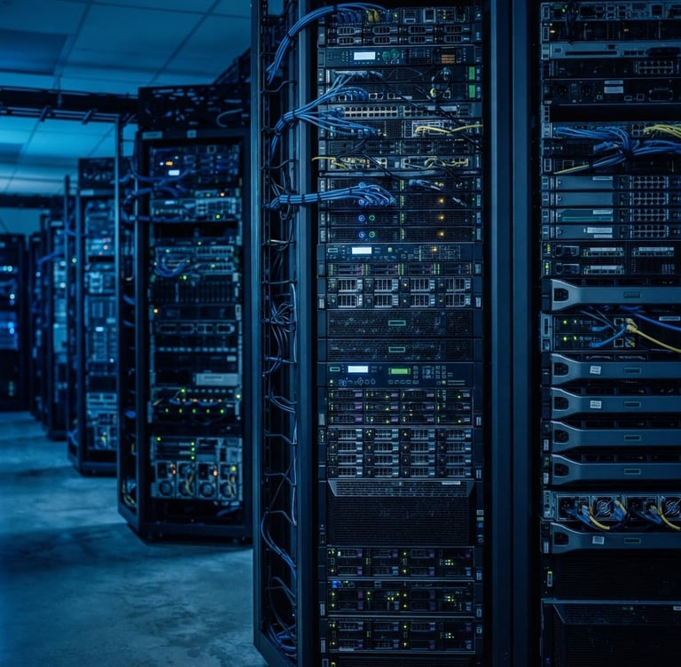 High-end server environment with cool-toned low-key blue lighting, sharp focus on server racks, 35mm corporate photography