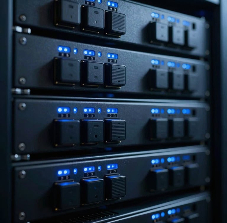 Macro shot of secure hardware interface with glowing blue LED indicators in a dark server room, high contrast, cool-toned corporate photography, 35mm