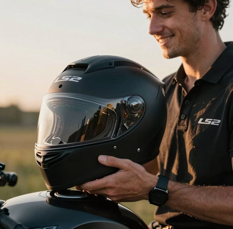 Dynamic close-up of a smiling winner holding a brand new matte black LS2 motorcycle helmet next to their bike, golden hour natural light, authentic expression