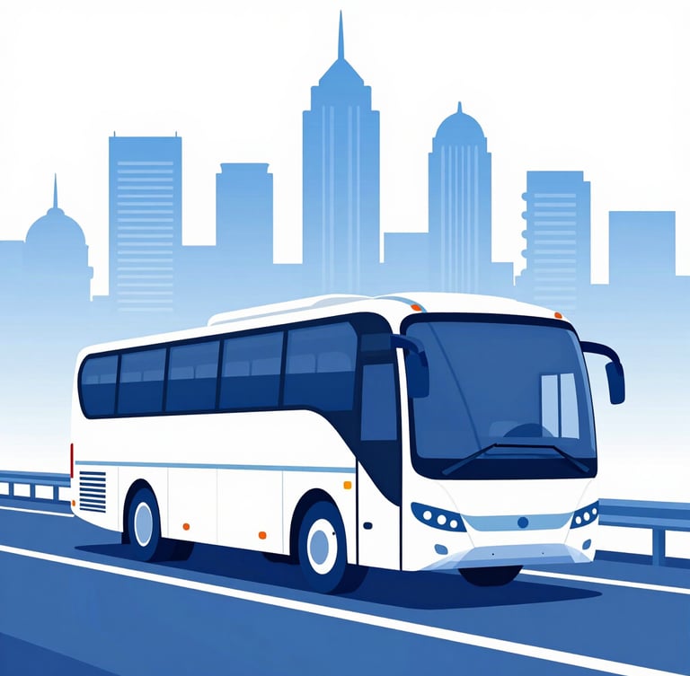 Clean 3D vector illustration of a luxury multi-axle bus traveling on a modern highway, stylized Indian city skyline in the background, bright daylight, royal blue and white color palette, high-contrast minimalist style.