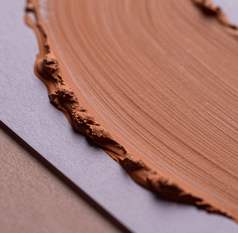 Macro close-up of textured terracotta paint strokes overlapping soft lavender paper layers, cast in soft side-lighting with subtle shadows, tactile editorial photography.