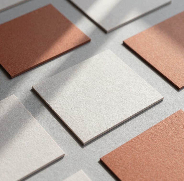 Staggered flat-lay of physical brand collateral, textured business cards cast in soft shadows on an ash gray surface, diffused natural daylight.