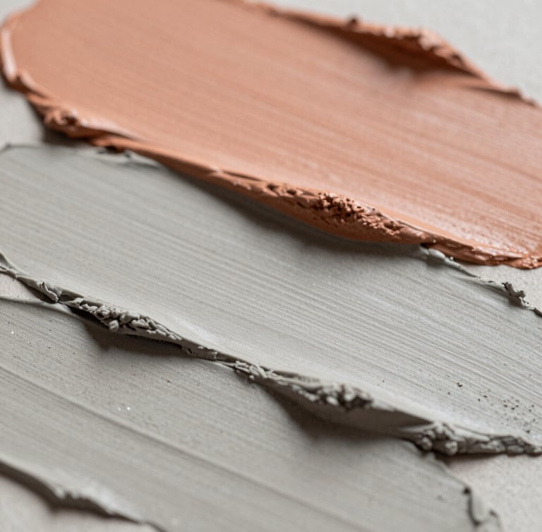 Macro photograph of layered ash gray clay and soft terracotta paint strokes, soft side-lighting casting delicate shadows, tactile editorial style.