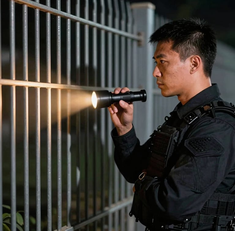 Close-up of a tactical officer in a clean dark utility uniform inspecting a metal security fence at night, illuminated by a sharp amber flashlight beam, high contrast shadow play