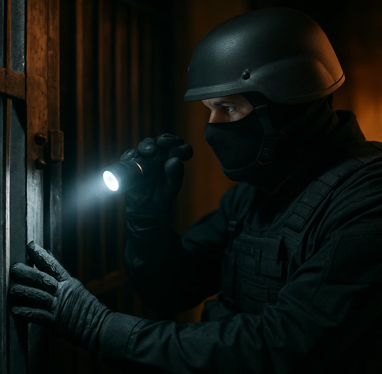 Close-up of a tactical security officer in a dark uniform inspecting a heavy steel gate at night with a bright LED flashlight, amber ambient light in the background.