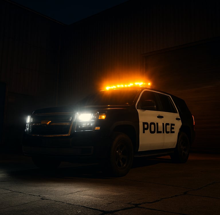 Low-angle wide shot of a marked patrol vehicle with active amber lightbars parked outside a dark industrial warehouse at night, illuminated by sharp headlights.