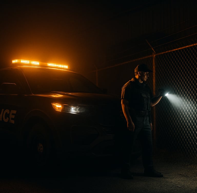 Low-angle, high-contrast night shot of a marked patrol vehicle with active amber lightbars illuminating a dark industrial fence, a tactical officer in clean utility uniform inspecting the perimeter with a flashlight.