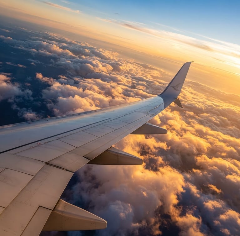 Bright wide-angle editorial shot of an airplane wing slicing through golden-hour clouds, vibrant realistic colors, high clarity, natural daylight