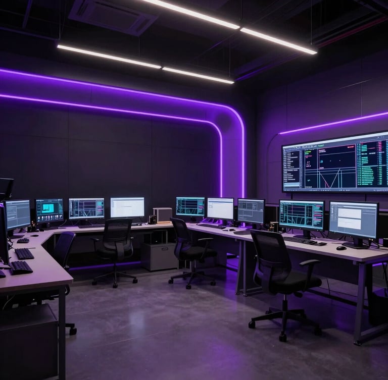 Wide environmental shot of a futuristic digital production suite in Jakarta, low-key lighting with dramatic neon purple accents, empty workspace.