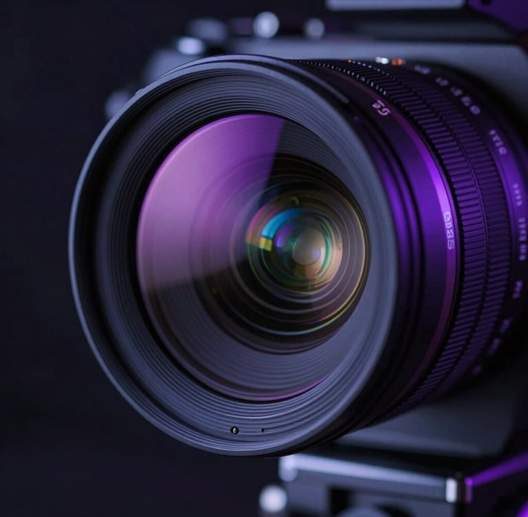 Macro close-up of a high-end cinema camera lens reflecting neon purple and electric blue studio lights, dark cinematic atmosphere, shallow depth of field, technical precision.