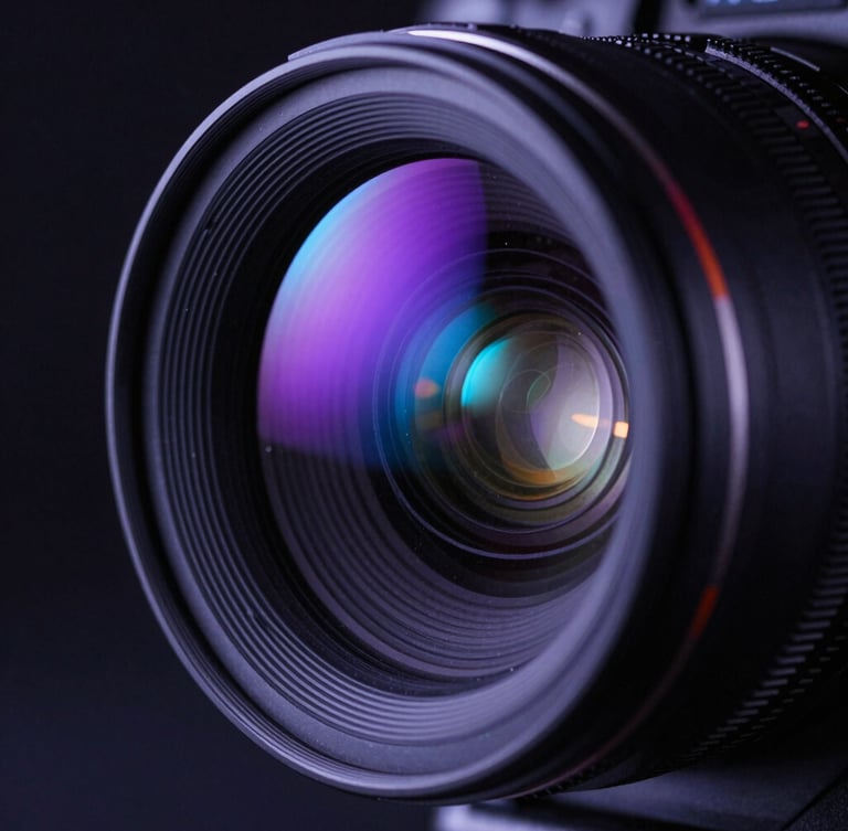 Macro close-up of high-end cinema camera lens edge-lit with glowing neon purple and electric blue lights in a dark production studio.